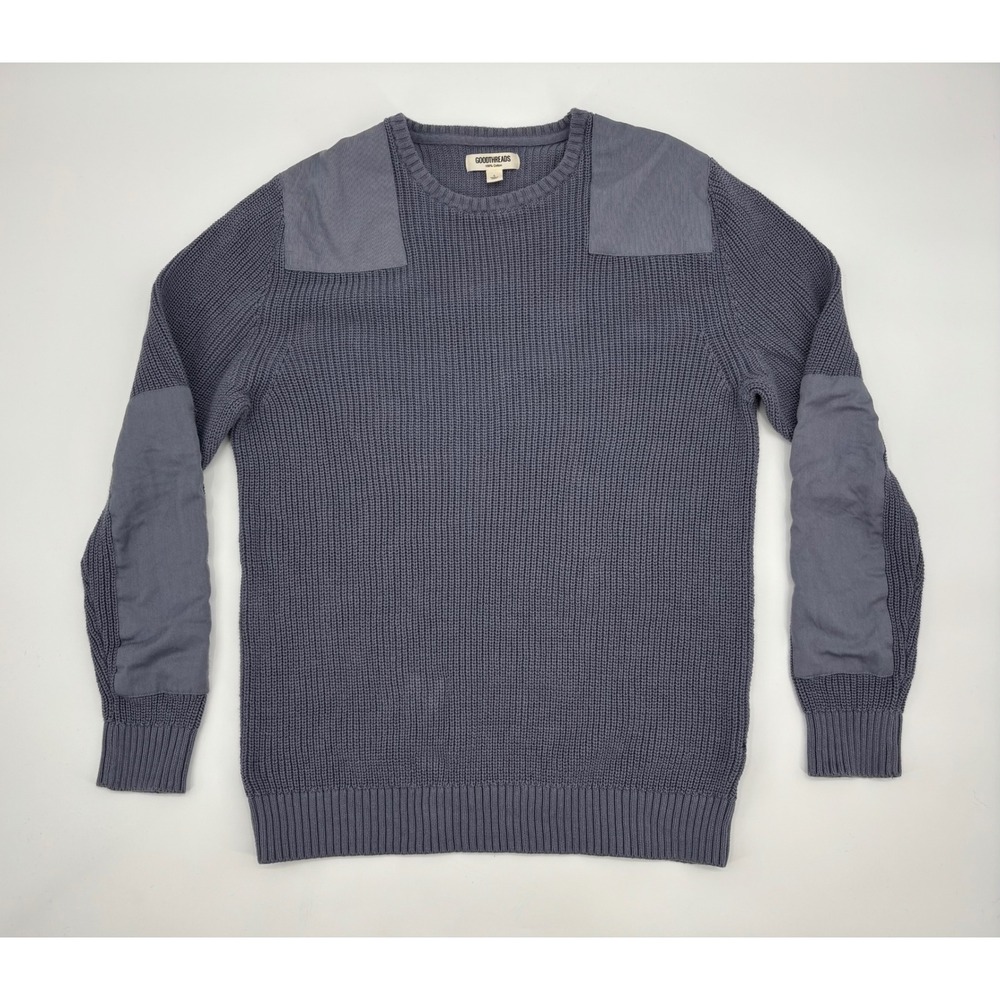 GOODTHREADS Crew Neck Sweater Gray Elbow Patch Ribbed Knit Cotton Men's Size‎ L